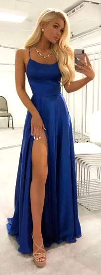 Blue Spaghetti Strap Long Party Dress With Open Slit